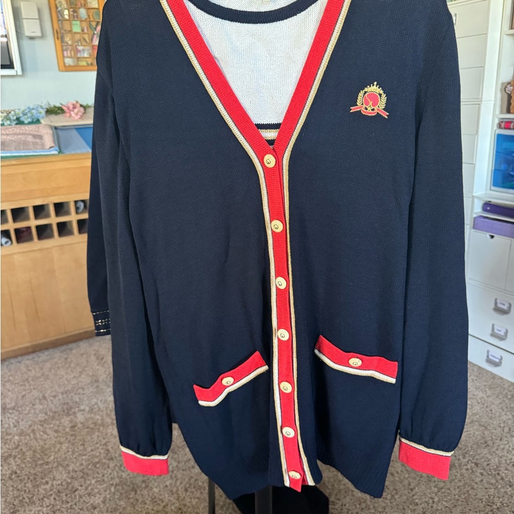 St. John Navy and Red Cardigan, tank top, and skirt